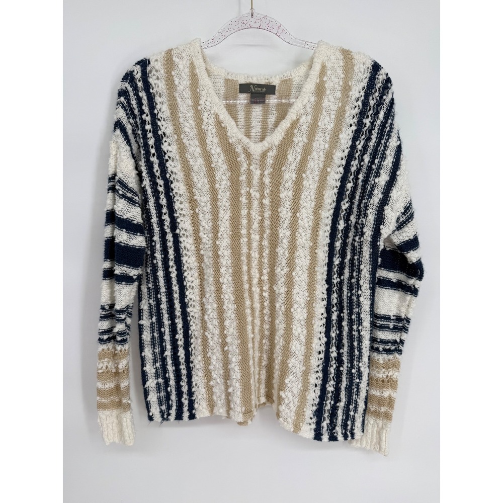 Natural Reflections Striped Textured V Neck Sweater Women Beige Navy White Sz‎ S